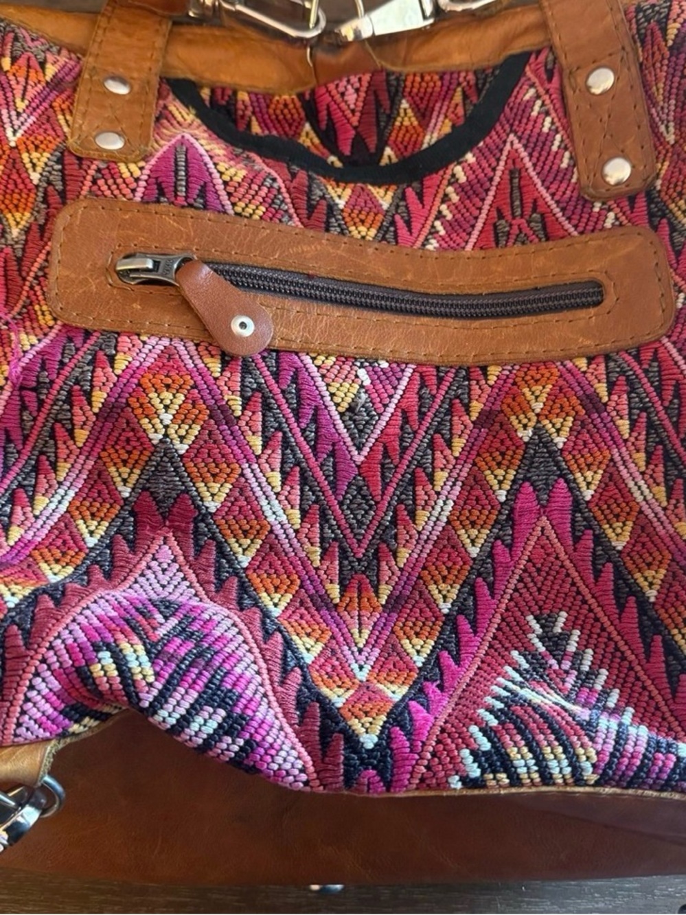 Handwoven Pink Patterned Tote Bag with Leather Trim - Picture 8 of 11